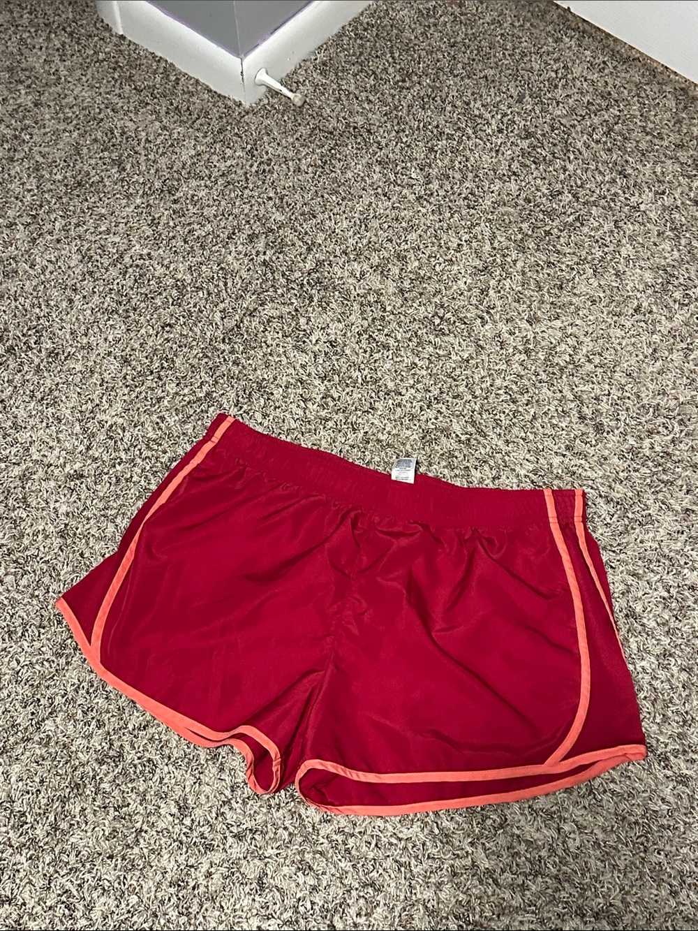 Women’s Red Athletic Shorts with Coral Trim — Comfortable Running Shorts